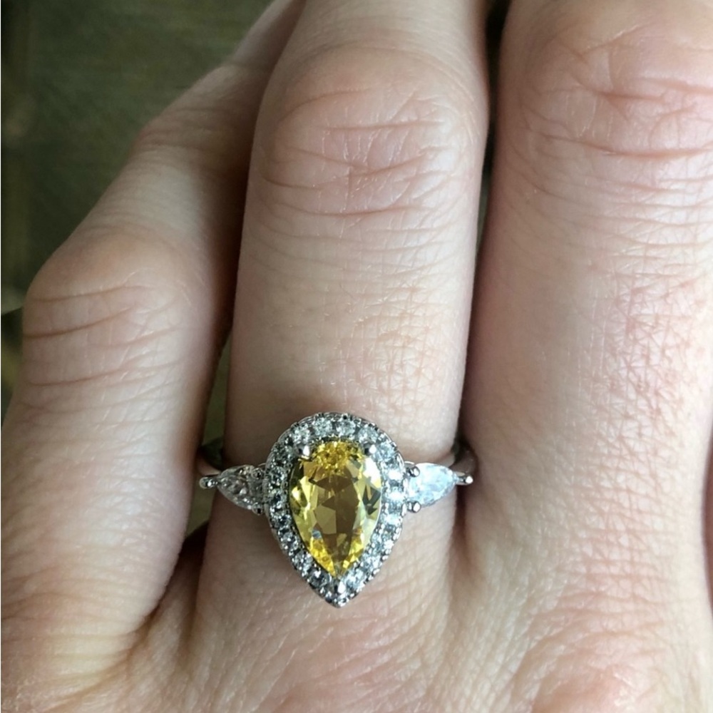 .925 Sterling Silver 2 ct Pear Cut Yellow Sapphire & White Sapphire Ring - Picture 9 of 11